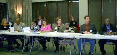 Participants in the Mississippi Delta National Heritage Area committee meeting include, seated at the table from left, Sarah Mccullough, Miss. Development Authority; Dion Brown, BB King Museum; Wanda Clark, Hammond and Associates; Paige Hunt, Greenwood DVB; Cheryl Taylor, Museum of the MS Delta; Roger Stolle, Catheads, and Joe McGill, National Trust.  